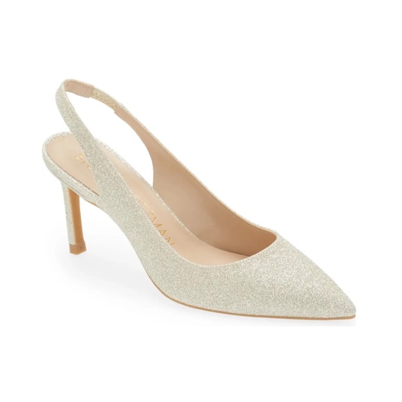 NWB Stuart Weitzman Linsi 75 Pointed Toe Glitter Slingback Pump Glitter Platino - Picture 3 of 17